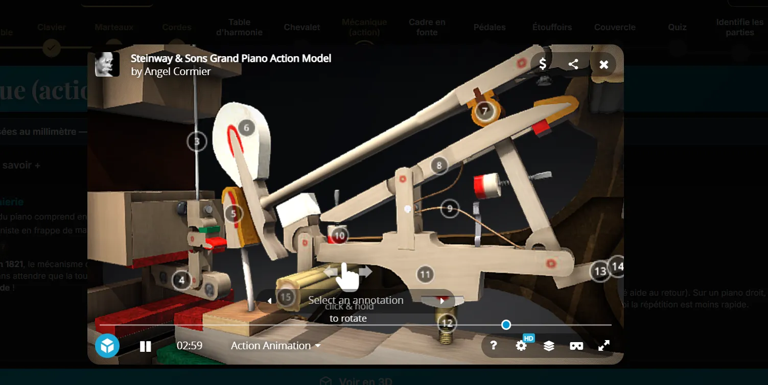 Modèle 3D du mécanisme d'un piano à queue Steinway